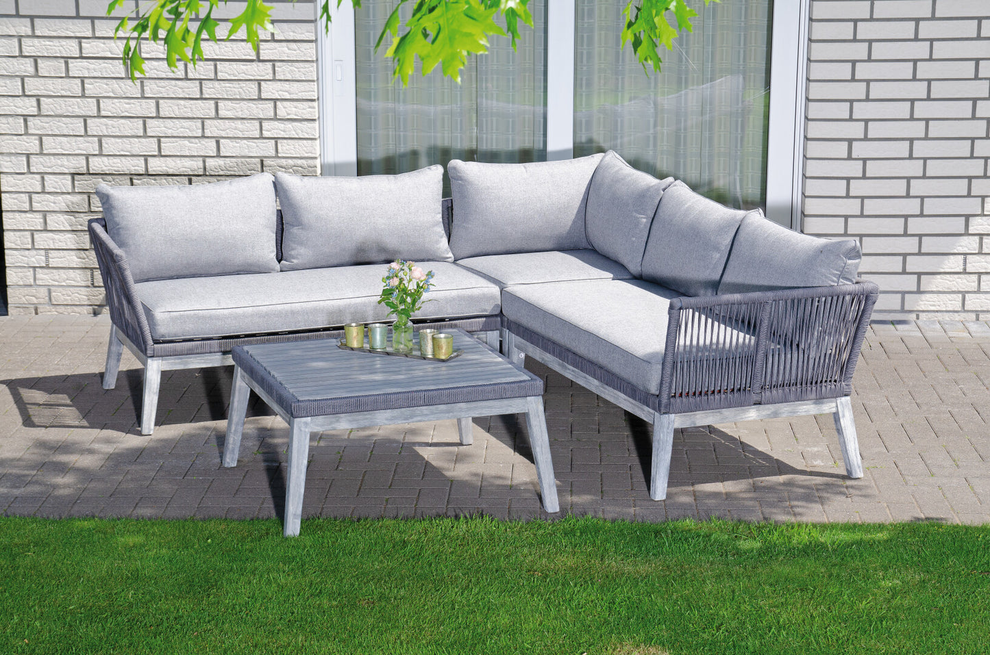 Lounge-Gruppe "Bella" Alu/Akazienholz/Polyrope grau, inklusive Kissen (2 Eckmodule, links/rechts, 1 Eckmodul, 1 Tisch)