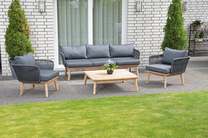 Lounge-Gruppe "Bridgeport" Alu/Akazienholz/Polyrope dunkelgrau inkl. Kissen (2 Sessel, 1 x 3-Sitzer-Sofa, 1 Tisch)