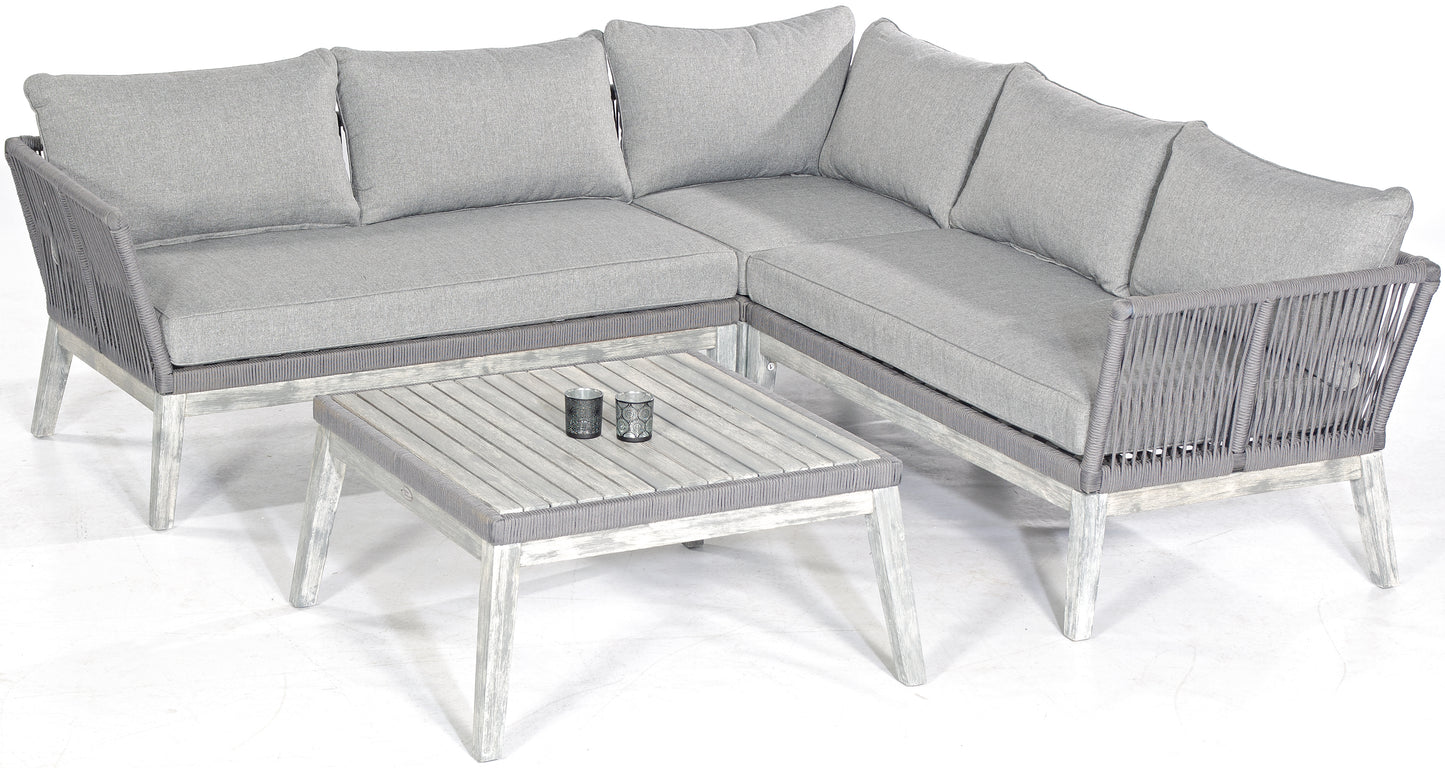 Lounge-Gruppe "Bella" Alu/Akazienholz/Polyrope grau, inklusive Kissen (2 Eckmodule, links/rechts, 1 Eckmodul, 1 Tisch)