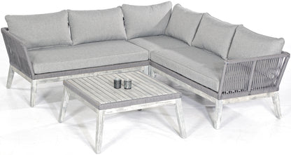 Lounge-Gruppe "Bella" Alu/Akazienholz/Polyrope grau, inklusive Kissen (2 Eckmodule, links/rechts, 1 Eckmodul, 1 Tisch)