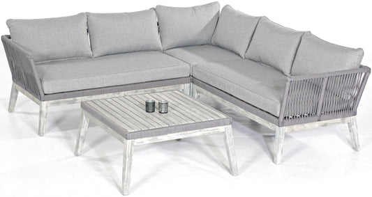 Lounge-Gruppe "Bella" Alu/Akazienholz/Polyrope grau, inklusive Kissen (2 Eckmodule, links/rechts, 1 Eckmodul, 1 Tisch)