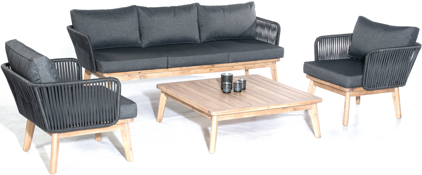Lounge-Gruppe "Bridgeport" Alu/Akazienholz/Polyrope dunkelgrau inkl. Kissen (2 Sessel, 1 x 3-Sitzer-Sofa, 1 Tisch)
