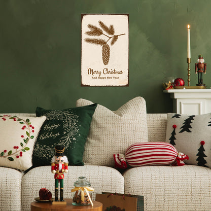 Blechschild - Merry Christmas and Happy New Year Tannenzapfen