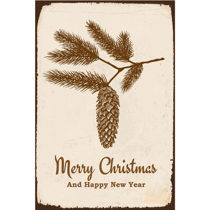 Blechschild - Merry Christmas and Happy New Year Tannenzapfen