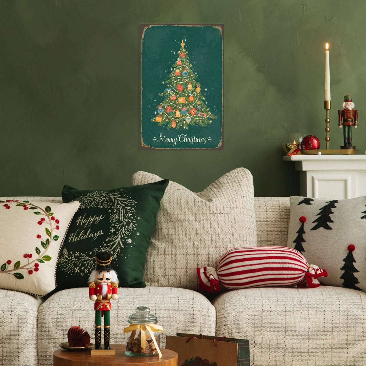 Blechschild - Merry Christmas Tannenbaum Retro Grün
