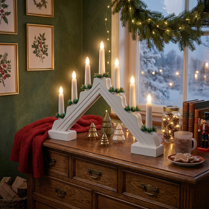 Weihnachtspyramide LED-Fensterdekoration Holz weiß mit Tanne