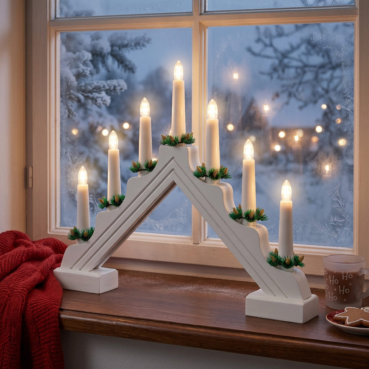 Weihnachtspyramide LED-Fensterdekoration Holz weiß mit Tanne